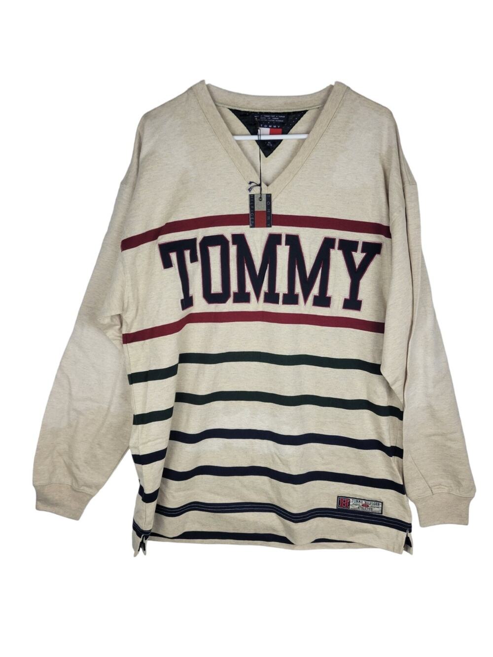 90s TOMMY HILFIGER Embossed Long Sleeve Beige Oversize Men XL Defects NWT